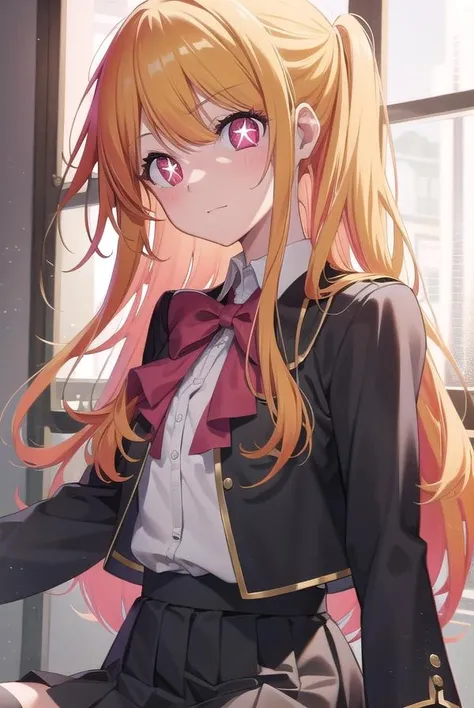 rubyhoshino, <lora:rubyhoshino-lora-nochekaiser:1>,
ruby hoshino, (yellow hair:1.5), long hair, one side up, (pink eyes:1.5), sidelocks, (star-shaped pupils:1.5), (symbol-shaped pupils:1.5), (mismatched pupils:1.5),
BREAK black vest, blue jacket, bow, bowtie, collared shirt, cropped jacket, jacket, kneehighs, long sleeves, pink bow, pink bowtie, pleated skirt, school uniform, shirt, skirt, socks, vest, white shirt, white socks, youtou high school uniform,
BREAK looking at viewer,
BREAK indoors, classroom,
BREAK <lyco:GoodHands-beta2:1>, (masterpiece:1.2), best quality, high resolution, unity 8k wallpaper, (illustration:0.8), (beautiful detailed eyes:1.6), extremely detailed face, perfect lighting, extremely detailed CG, (perfect hands, perfect anatomy),