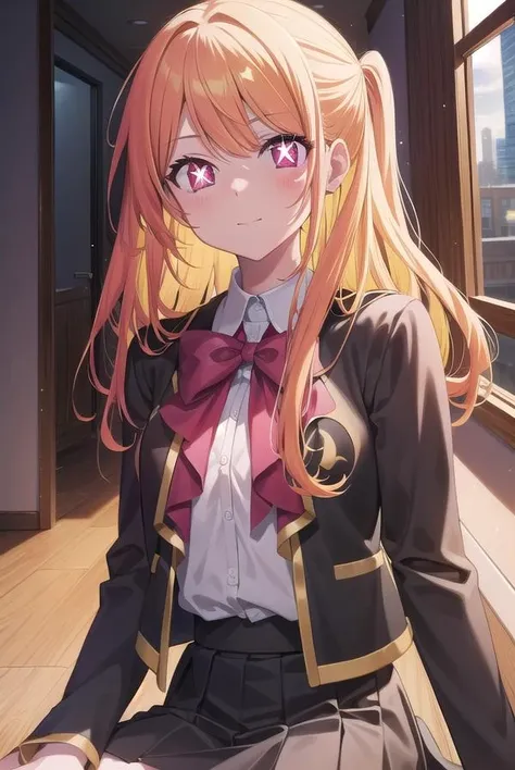 rubyhoshino, <lora:rubyhoshino-lora-nochekaiser:1>,
ruby hoshino, (yellow hair:1.5), long hair, one side up, (pink eyes:1.5), sidelocks, (star-shaped pupils:1.5), (symbol-shaped pupils:1.5), (mismatched pupils:1.5),
BREAK black vest, blue jacket, bow, bowtie, collared shirt, cropped jacket, jacket, kneehighs, long sleeves, pink bow, pink bowtie, pleated skirt, school uniform, shirt, skirt, socks, vest, white shirt, white socks, youtou high school uniform,
BREAK looking at viewer,
BREAK indoors, classroom,
BREAK <lyco:GoodHands-beta2:1>, (masterpiece:1.2), best quality, high resolution, unity 8k wallpaper, (illustration:0.8), (beautiful detailed eyes:1.6), extremely detailed face, perfect lighting, extremely detailed CG, (perfect hands, perfect anatomy),