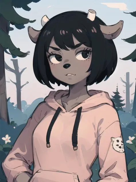 masterpiece, best quality, illustration, solo, 1girl, furry, black hair, short hair, horns, black eyes, grey skin, (pink hoodie:1.2), sunny, outdoors, forest, woods,  rammy,  <lora:RammyV1:0.7>, mad,