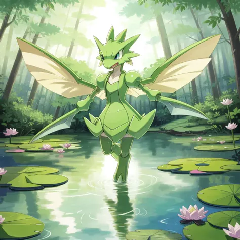 scyther, pokemon (creature), solo, no humans, fangs, wings, foot in water, forest, brook, reflection, light ray, water lily, <lora:Scyther_-_Pokemon:1>