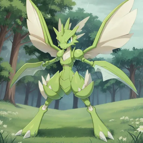 scyther, pokemon (creature), solo, no humans, fangs, wings, tall grass, raining, beautiful eyes, detailed pupils, <lora:Scyther_-_Pokemon:0.9>