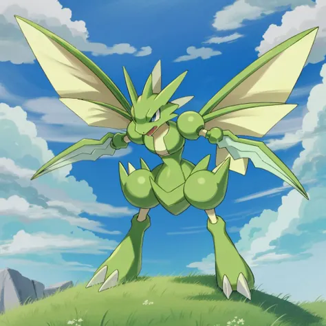 scyther, pokemon (creature), solo, no humans, fangs, wings, hilltop, wind, clouds, <lora:Scyther_-_Pokemon:1>