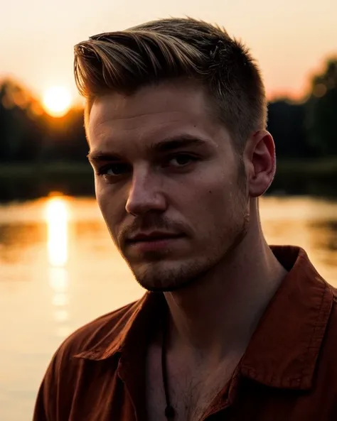 GS-Masculine Portrait photography, kkw-NativeAmerican young- man, (Multicolored Undercut with design hair), Hazel eyes, Beefy body, Male pose, Cinematic lighting, Golden hour, River, Pentax K-1 Mark II, Medium shot, BREAK PA7_Portrait-MS, Oblique angle, ((PA7_Human-Likeness)), smile, contemporary clothing