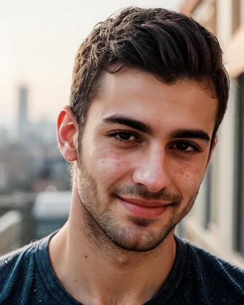 GS-Masculine Street photography, kkw-Arab young-man, Ivy-League-haircut, Black hair, Hazel eyes, Upper Lip Mole lip, Square with Soft Jaw face, Stocky body, Casual Chic clothes, golden hour lighting, Cityscape, Canon EOS RP, Full shot, PA7 Portrait-FL, Tilted angle, BREAK (PA7 Human-Likeness:1.21) kkw-skin-det kkw-ph1, kkw-detailMe-v1.0, seductive smile,