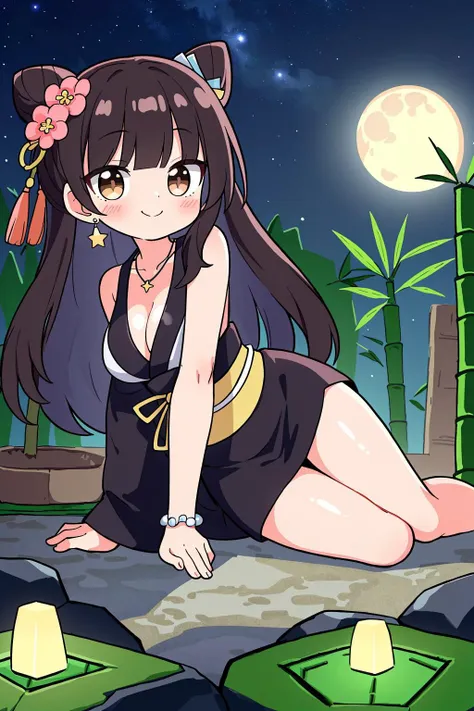 masterpiece, ultra-detailed, best quality, illustration, 8k cg wallpaper, an extremely delicate and beautiful, 1girl, Japanese girl, solo, perfect anatomy, cute face, smiling, blushing, sparkling eyes, deep brown eyes, beautiful detailed eyes, black hair, long hair, blunt bangs, long sidelocks, hair bun with hair pin, cute hair accessories, cute earrings, cute necklace, slim body, large breasts, kimono, cleavage, perfect arms, cute arm accessories, perfect legs, cute, pretty, beautiful, sexy, perfect body, (background: Japanese zen garden, raked ground, rocks, bonsai trees, bamboo, night sky, moon, stars, intricately detailed items in background)