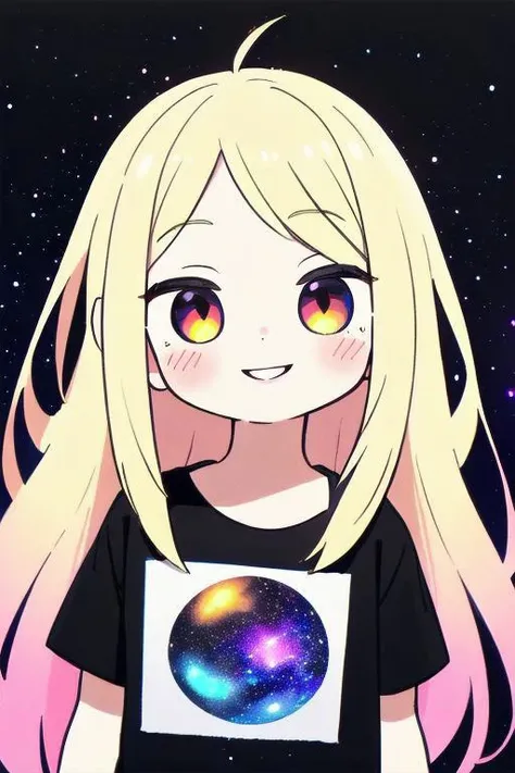 child,childish,cute,beautiful,lovely,(girl,1girl,middle school girl),blonde,white,european,ultra detailed skins,bangs,((long hair)),lovely lips,(smile),highlights,realism,gradient, galaxy background, halftone, halftone background, a photorealistic painting,photorealism,Artgerm,fantastic,pink skin,blush,cgstudio,ultra detailed face,realistic,medium full shot:1.5,dark,darkish,horror,warm,dark galaxy background,(black t-shirt),galaxy on t-shirt,