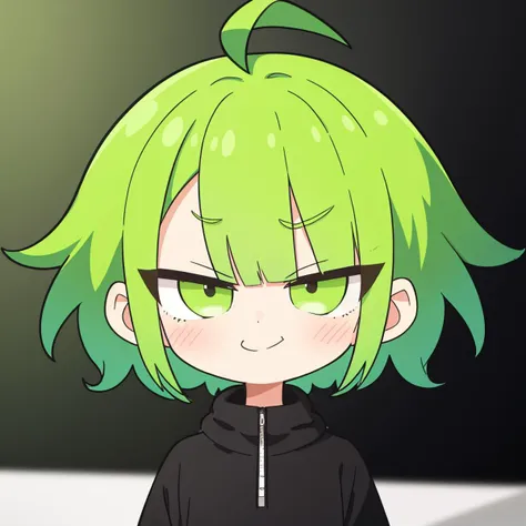 1girl, (lime green hair), short hair, spiked hair, messy hair, ahoge, close-up, (smug)