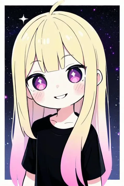child,childish,cute,beautiful,lovely,(girl,1girl,middle school girl),blonde,white,european,ultra detailed skins,bangs,((long hair)),lovely lips,(smile),highlights,realism,gradient, galaxy background, halftone, halftone background, a photorealistic painting,photorealism,Artgerm,fantastic,pink skin,blush,cgstudio,ultra detailed face,realistic,medium full shot:1.5,dark,darkish,horror,warm,dark galaxy background,(black t-shirt),galaxy on t-shirt,