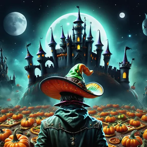 ((realistic,digital art)), (hyper detailed),h4l0w3n5l0w5tyl3DonML1gh7 Cowboy, Spellbound, Witch Hat Pizza, Moonlit Castle, , <lora:h4l0w3n5l0w5tyl3DonML1gh7-XLv1.2-000006:1>