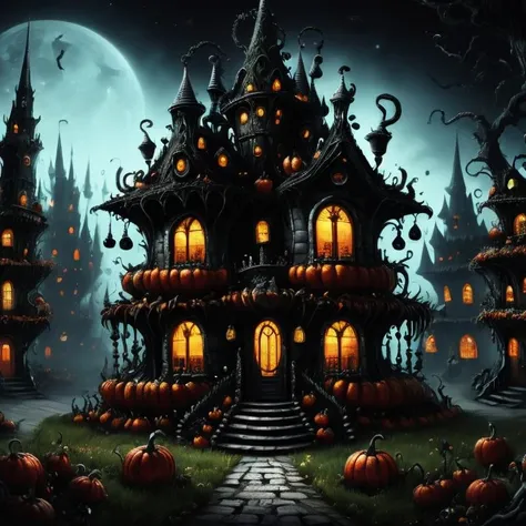 ((realistic,digital art)), (hyper detailed),h4l0w3n5l0w5tyl3DonML1gh7 Wicked Village, Enigmatic, Cauldrons, Black Cats, Cursed Candelabras, Dark Surrealism, <lora:h4l0w3n5l0w5tyl3DonML1gh7_v1.2-000008:1>