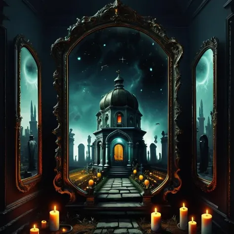 ((realistic,digital art)), (hyper detailed),h4l0w3n5l0w5tyl3DonML1gh7 Cemetery, Otherworldly, Worn Books, Haunted Mirror, Candlelit, Scary Portraits, <lora:h4l0w3n5l0w5tyl3DonML1gh7_v1.2-000008:0.8>