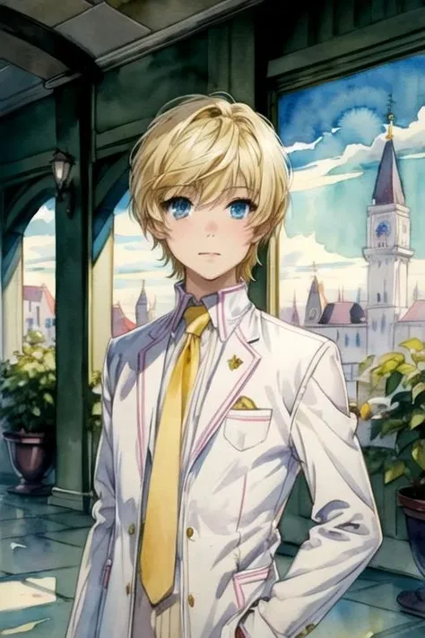 (best quality:1.1), (masterpiece:1.4), , 1boy, solo, male focus, looking at viewer, upper body, , (watercolor illustration, soft pastel colors:1.1), realistic, <lora:raymond_kirkland:0.76>, raymond_kirkland, blonde hair, blue eyes, short hair, sport coat, , lunar base, 2k resolution