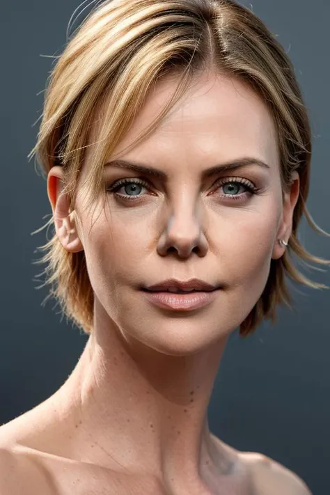 (closeup:1.0) photo of (CR-CharlizeTh3ron-frankyfrank2k:0.9) as a (young:1.0) woman, (oiled shiny skin:1.1), (tilted angle shot:1.0), (undercut hair:1.0),
(8k uhd:1.0), (best quality:1.0), (masterpiece:1.0), (sharp focus:1.0), (grey background:1.0),