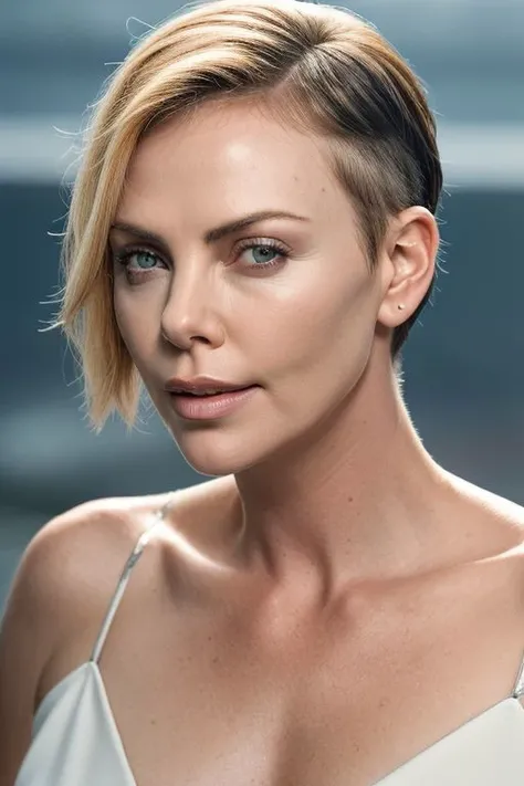 (closeup:1.0) photo of (CR-CharlizeTh3ron-frankyfrank2k:0.9) as a (young:1.0) woman, (oiled shiny skin:1.1), (tilted angle shot:1.0), (undercut hair:1.0),
(8k uhd:1.0), (best quality:1.0), (masterpiece:1.0), (sharp focus:1.0), (grey background:1.0),