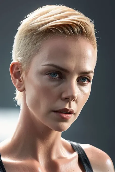 (closeup:1.0) photo of (CR-CharlizeTh3ron-frankyfrank2k:0.9) as a (young:1.0) woman, (oiled shiny skin:1.1), (tilted angle shot:1.0), (undercut hair:1.0),
(8k uhd:1.0), (best quality:1.0), (masterpiece:1.0), (sharp focus:1.0), (grey background:1.0),