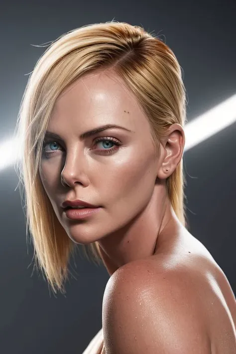 (closeup:1.0) photo of (CR-CharlizeTh3ron-frankyfrank2k:0.9) as a (young:1.0) woman, (oiled shiny skin:1.1), (tilted angle shot:1.0), (undercut hair:1.0),
(8k uhd:1.0), (best quality:1.0), (masterpiece:1.0), (sharp focus:1.0), (grey background:1.0),
