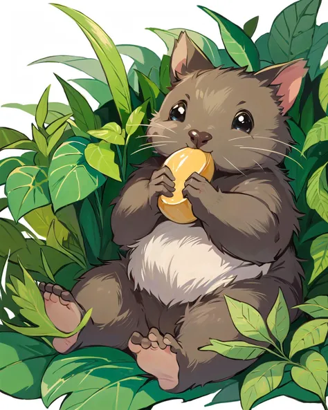 A cute and chubby wombat munching on some eucalyptus leaves, drawn in a cartoon style with bright colors