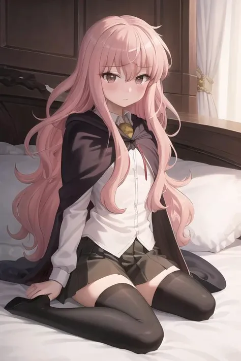 masterpiece, best quality,extremely detailed CG unity 8k wallpaper,
1girl,louise francoise le blanc de la valliere, blush,school uniform, cape,black thighhighs,
bed,sitting,(wariza),
<lora:louisev1-000005:0.8>