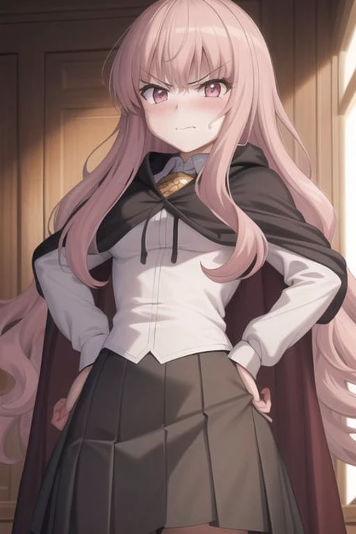 masterpiece, best quality,extremely detailed CG unity 8k wallpaper,
1girl,louise francoise le blanc de la valliere, black cape,school uniform, angry,blush,
hands on waist, facing viewer,upper body,
<lora:louisev2-000005:0.6>