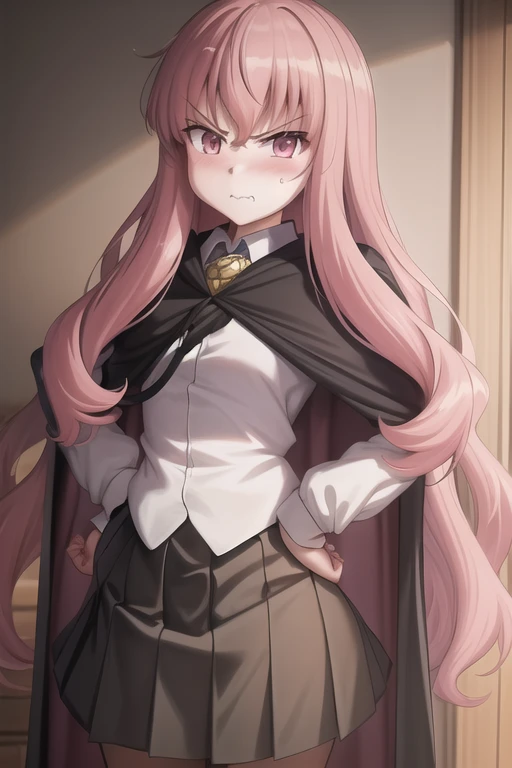 masterpiece, best quality,extremely detailed CG unity 8k wallpaper,
1girl,louise francoise le blanc de la valliere, black cape,school uniform, angry,blush,
hands on waist, facing viewer,upper body,
<lora:louisev2-000005:0.7>
