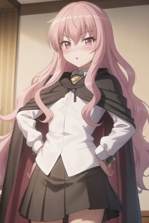 masterpiece, best quality,extremely detailed CG unity 8k wallpaper,
1girl,louise francoise le blanc de la valliere, black cape,school uniform,blush,
hand on hip,
<lora:louisev2-000005:0.7>