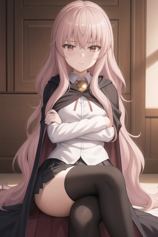 masterpiece, best quality,extremely detailed CG unity 8k wallpaper,
crossed legs,
1girl,louise francoise le blanc de la valliere, black cape,school uniform, black thighhighs,