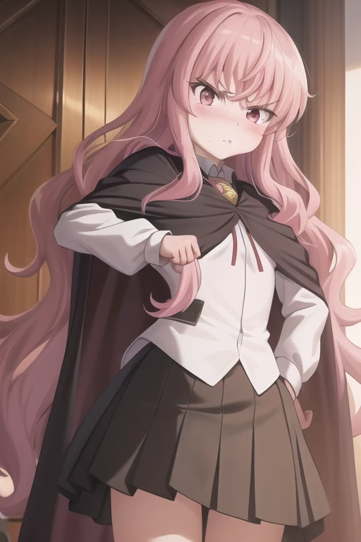 masterpiece, best quality,extremely detailed CG unity 8k wallpaper,
1girl,louise francoise le blanc de la valliere, black cape,school uniform, angry,blush,
hands on waist, facing viewer,upper body,
<lora:louisev2-000005:0.7>