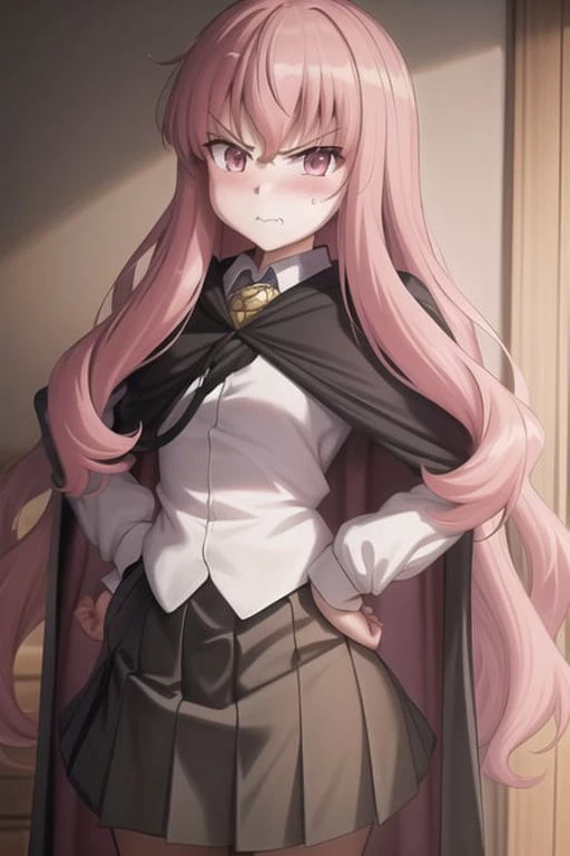 masterpiece, best quality,extremely detailed CG unity 8k wallpaper,
1girl,louise francoise le blanc de la valliere, black cape,school uniform, angry,blush,
hands on waist, facing viewer,upper body,
<lora:louisev2-000005:0.7>