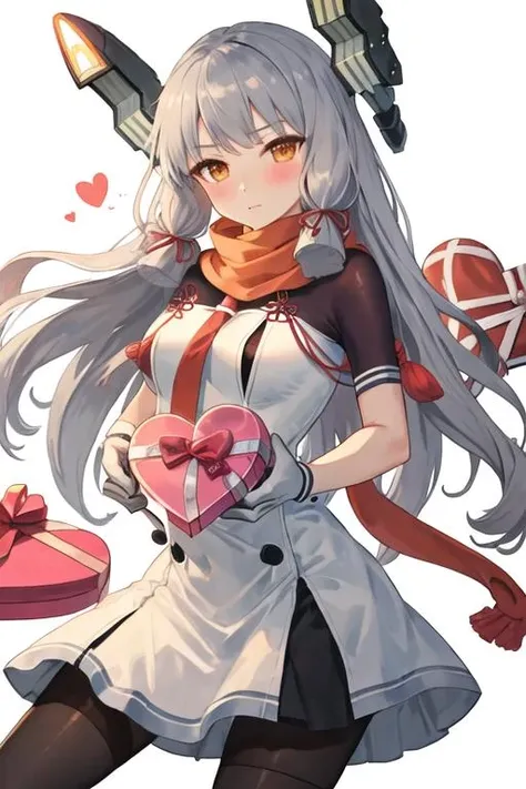 best quality, masterpiece, highres, solo, {northern_ocean_hime_kantaicollection:1.15}, long_hair, white_hair, abyssal_ship, horns, mittens, white_skin, colored_skin, ahoge, red_eyes, pale_skin, orange_eyes, 1girl, looking_at_viewer, box, gift, gift_box, dress, white_dress, hat, santa_hat