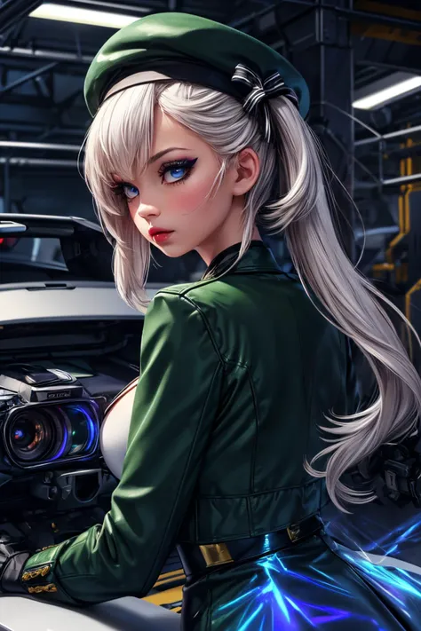 (ultra realistic,32k,RAW photo:1.1),(high detailed skin:1.1), 8k uhd, dslr, high quality, film grain, (makeup, mascara:1.1), lips,(thick\lips\),
(shiny glossy translucent clothing:1.1), <lora:Libeccio:0.5>libeccio \(azur lane\), white_hair, bangs, blue_eyes, side_ponytail, open_jacket, beret, cropped_jacket, green_jacket, green_headwear, long_sleeves, hair_bow, strapless dress, white_dress, knee boots,, <lora:add_detail:0.94>, huge breast, (upper body:1.2),
Leaning with back against an invisible wall
(busty:1.1) , (chubby:0.1),(holography:1.2),<lora:LowRA:0.4>, dark theme, robotics foundry, automated assembly lines, robotic prototypes, ai-driven factories, mechanical marvels