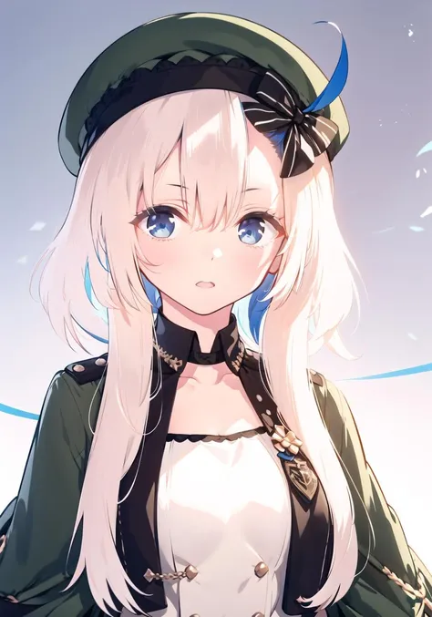 ((upper_body)), blue_ahoge, black_bow, bangs pinned back, forehead, ,striped_bow, (hair_bow), (multicolored_hair, white_hair, blue_hair), 1girl, solo, long_hair, breasts, looking_at_viewer, blush, open_mouth, bangs, blue_eyes, simple_background, long_sleeves, hat, white_background, dress, bow, hair_between_eyes, open_clothes, white_dress, side_ponytail, open_jacket, buttons, beret, cropped_jacket, green_jacket, green_headwear, double-breasted, libeccio \(azur lane\), ((masterpiece)), (highres), (best_quality), (highly_detailed), (original),(Delicate background),(extremely detailed 8K wallpaper),cinematic lighting, volume lighting, light particles, shaded_face, beautiful_detailed_eyes, depth_of_field, perspective,<lora:Libeccio-000030:0.8:lbw=char>,<lora:ke-ta:0.8>,
