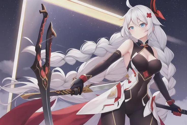 Kiana,<lora:Kiana_20230625003219:0.3>,outdoor,night,Fly,One -handed sword,Light behind the body,weapon,solo,twin braids,long hair,holding,blue eyes,hair ornament,bodysuit,looking at viewer,Chinese weapon ',in the sky,Distant mirror,, masterpiece, best quality,