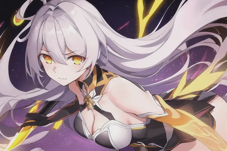 Kiana,1girl,long hair,gloves,solo,yellow eyes,breasts,hair ornament,elbow gloves,looking at viewer,polearm,single elbow glove,spear,floating object,hair between eyes,energy wings,<lora:Kiana_20230625003219:0.8>,, masterpiece, best quality,