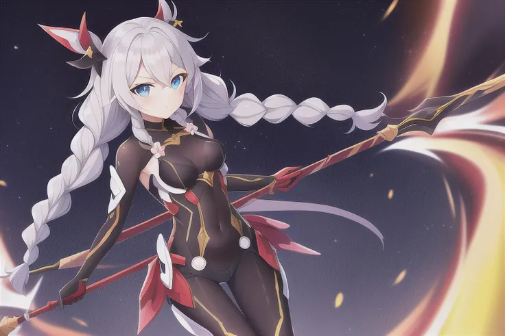 Kiana,<lora:Kiana_20230625003219:0.3>,outdoor,On the road,night,Light behind the body,weapon,solo,twin braids,long hair,holding,blue eyes,hair ornament,bodysuit,looking at viewer,floating object,Floating Spear,, masterpiece, best quality,