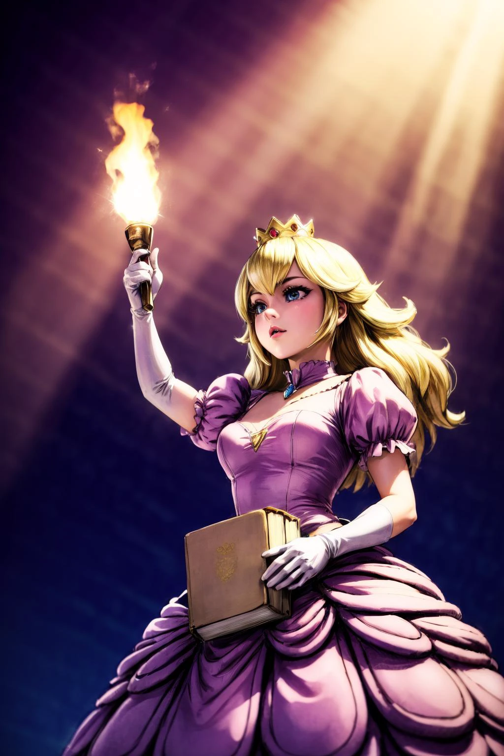 masterpiece, intricate detail, highly detailed, best quality, studio lighting, 4K, 8K,
<lora:princesspeach-lora-nochekaiser:0.8> princess peach, blonde hair, blue eyes, long hair, crown, dress, gem, gloves, pink dress, puffy short sleeves, puffy sleeves, short sleeves, white gloves,
(holding torch, carrying book:1.2),
<lora:I_don't_have_a_single_regret_in_my_life001:0.8> I_don't_have_a_single_regret_in_my_life,pose, clenched hand,arm up,from below,standing,light rays,
<lora:detail_slider_v4:1>,
<lora:more_details:0.4>,
<lora:add_detail:0.2>,