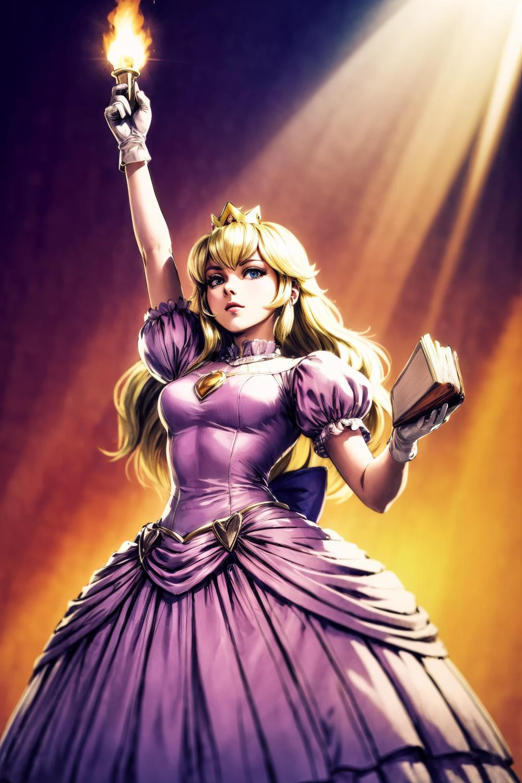 masterpiece, intricate detail, highly detailed, best quality, studio lighting, 4K, 8K,
<lora:princesspeach-lora-nochekaiser:0.8> princess peach, blonde hair, blue eyes, long hair, crown, dress, gem, gloves, pink dress, puffy short sleeves, puffy sleeves, short sleeves, white gloves,
(holding torch, holding book:1.2),
<lora:I_don't_have_a_single_regret_in_my_life001:0.8> I_don't_have_a_single_regret_in_my_life,pose, clenched hand,arm up,from below,standing,light rays,
<lora:detail_slider_v4:1>,
<lora:more_details:0.4>,
<lora:add_detail:0.4>,