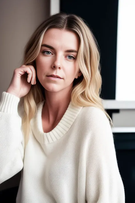 <lora:betty_gilpin_lora_v1> betty_gilpin, 1girl, solo, blonde hair, long hair, looking at viewer, white sweater, living room, close up, professional photograph