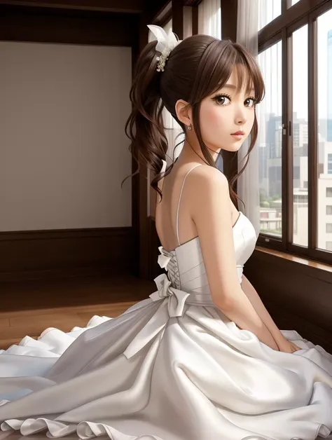 masterpiece, best best quality, 8k,
vivid color,
<lora:Yuna_Toomi.v2-000003:0.65> yuna toomi,
small brown eyes, ponytail, 
1girl, (solo)
(long white wedding dress:1.2)
city
"                        "  
"                                  "