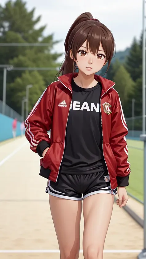 masterpiece, best best quality, 8k,
<lora:Yuna_Toomi.v2-000003:0.6> yuna toomi,
small brown eyes, ponytail, 
standing,
sportswear, short shorts, 
red jacket,
outdoors, track,
((blurry background)),