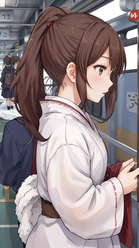 masterpiece, best best quality, 8k,
raw photo,
<lora:Yuna_Toomi.v2-000003:0.85> yuna toomi,
small brown eyes, ponytail, 
1girl, (solo)
(japanese clothes:1.2)
subway train
winter, snow  
[(anime screencap:1.3):0.34]