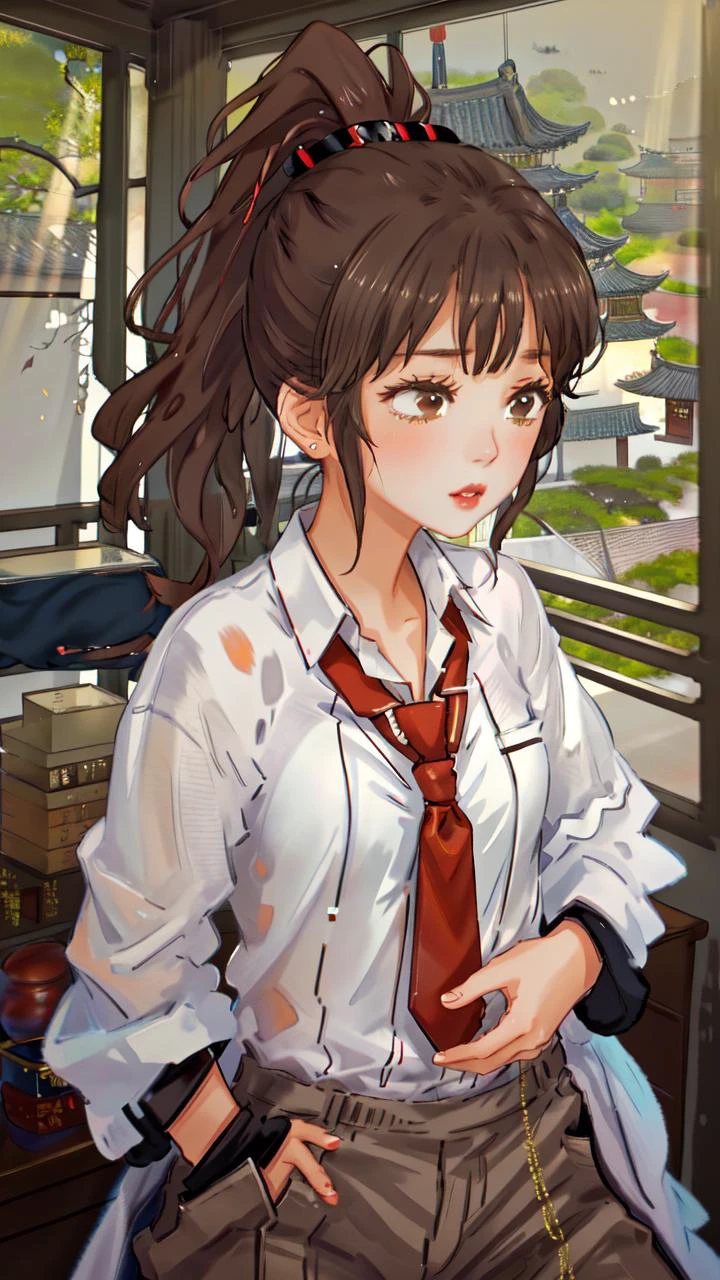 masterpiece, best best quality, 8k,
raw photo,
<lora:Yuna_Toomi.v2-000003:0.85> yuna toomi,
small brown eyes, ponytail,
1girl, (solo)
(office suit, necktie, pants:1.2)
close-up,
" "
<lora:shanzhagao128dim-epoch-000010:1> HANFU, RED LIPS, LIGHT RAYS, EAST ASIAN ARCHITECTURE