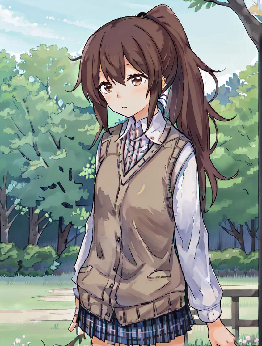 masterpiece, best quality, 8k, "visual novel"
<lora:add_detail:-0.5>
<lora:Kindred_Spirits_on_the_Roof.v2-000005:0.8> kd_vnstyle
1girl, (solo)
<lora:Yuna_Toomi.v2-000003:0.85> yuna toomi, brown eyes, ponytail,
(small eyes)
white collared shirt, sweater vest, pleated skirt, plaid skirt,
(park, grass, trees, bush),
blurry background,