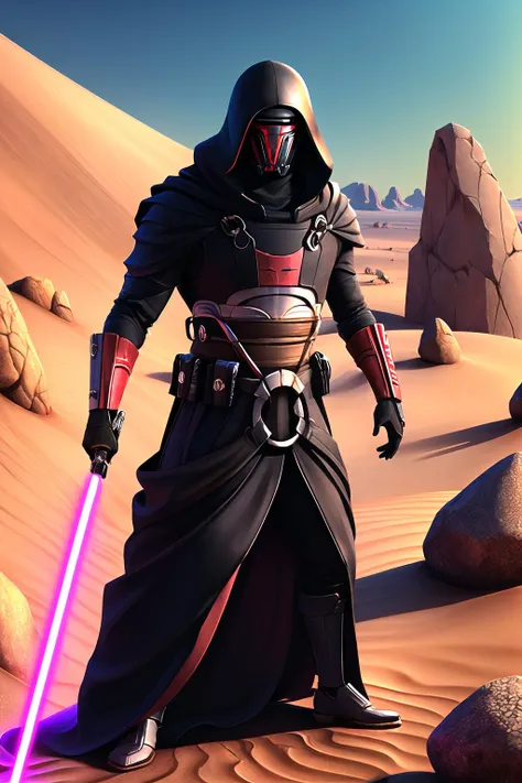 Highly detailed, High Quality, Masterpiece, beautiful,  lightsaber, <lora:UnlimitedBladeWorksv0.4:0.8>, Revan Armor, Hood, Mask, <lora:Char_StarWars_Revan:0.7>, standing, mask, fighting stance, detailed background, desert, sand, rocks