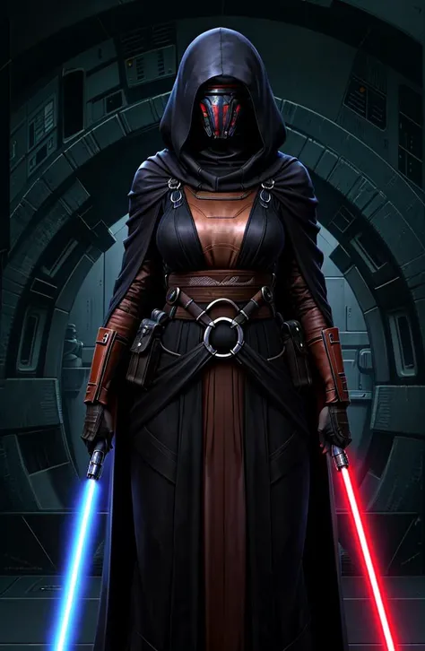 1girl, cowboy shot, Revan Raiment, black robes, star wars,  <lora:Clothes - Revan:0.60> standing, mask,
detailed background, lightsaber,  <lora:Concept - UnlimitedBladeWorksv2:0.80>