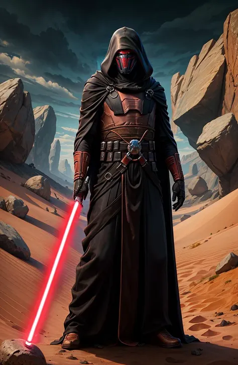 1boy, cowboy shot, Revan Raiment, black robes, star wars,  <lora:Clothes - Revan:0.60> standing, mask, fighting stance,
detailed background, lightsaber,  <lora:Concept - UnlimitedBladeWorksv2:0.80>, desert, sand, rocks,