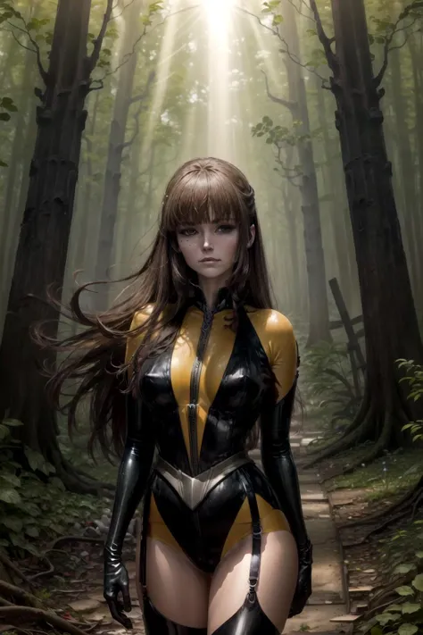 <lora:add_detail:1>, <lora:silk-03:1> silkspectre2,blunt bangs, black and yellow latex bodysuit, black elbow gloves, thighhighs ,focus on character portrait, solo, upper body, looking down, detailed background, detailed face, (<lora:BiophyllTech:0.6>, fully-organic, BiophyllTech theme:1.1), serene expression, forest druid, wearing natural colored brown clothes, leather, druid staff, feathers, calm posture, healing spell, inscriptions, green magic lights, glowing orbs, nature magic, floating particles, vines, roots, stones, bluebells, sprouting plants, bushes, rays of light, swamp in background, natural uplifting atmosphere, earth tones,