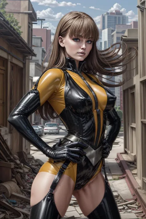 <lora:add_detail:0.4>, <lora:silk-03:1> silkspectre2, black and yellow latex bodysuit, black elbow gloves, thighhighs ,both hands on hip