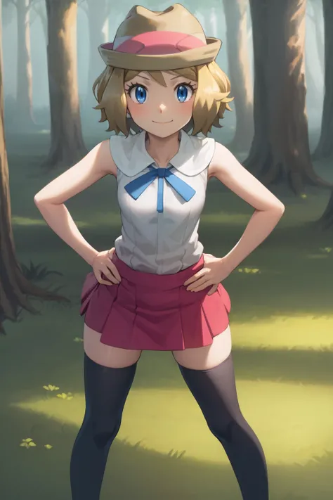 masterpiece, best quality, 1girl,serena \(pokemon\), short hair, blonde hair, blue eyes, eyelashes, hat, blue neck ribbon, shirt, skirt, sleeveless, thighhighs, brown footwear, hands on hips, smile, looking at viewer, solo, forest background <lora:Serena:1>