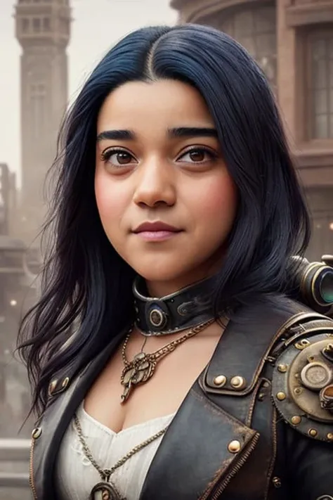 photo of imanvellani, a woman walking down the street, (((front to camera))), detailed european face, ((((aspiring facial expression)))), (((steampunk style close))), ((steampunk city on the background)), RAW, analog style, ultra detailed photograph, cinematic lighting, artstation, 4k, sharp focus, high resolution, detailed skin, detailed eyes, adult, 25 year old, beautiful