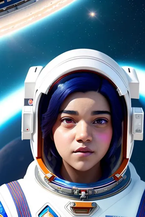 waist up portrait photo of (imanvellani:1.1), masterpiece, a woman as (an astronaut in a white spacesuit floating in space by the ISS with the earth in the background:1.3), (white spacesuit with glass helmet), National Gallery of Art Highlights, bokeh, closeup, highly detailed, 8K, stunning, hdr, subsurface scattering, global illumination, film still, Film-like, bokeh, 3d, vivid color, raytraced, slate atmosphere, cinematic, dimmed colors, dark shot, muted colors, film grainy, lut, insane details, intricate details, [[[freckles]]]